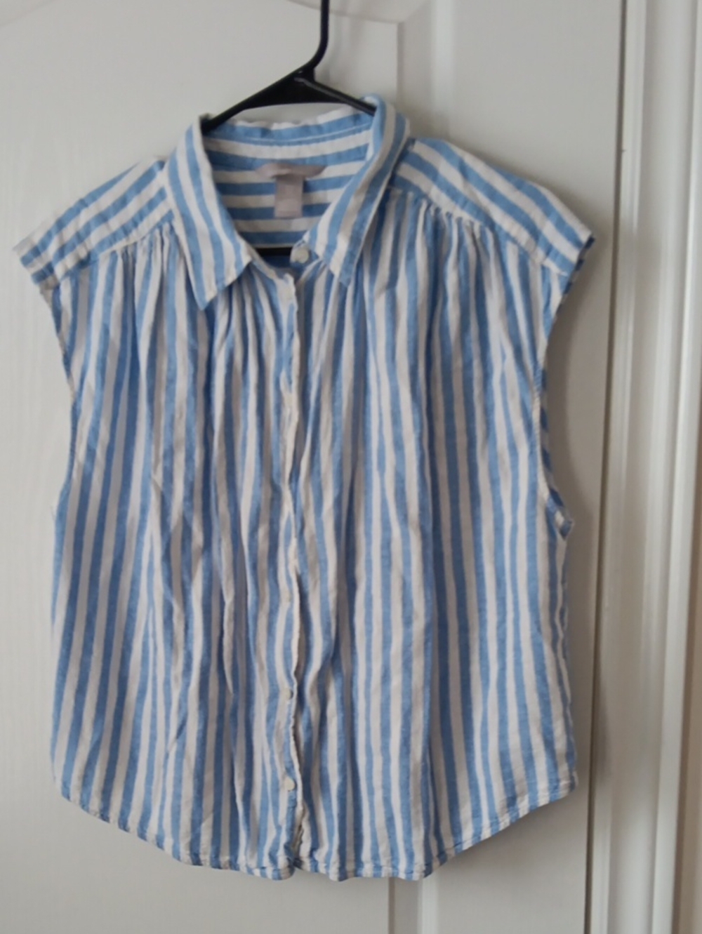 H&M Blue and White Striped Linen-Blend Sleeveless Top